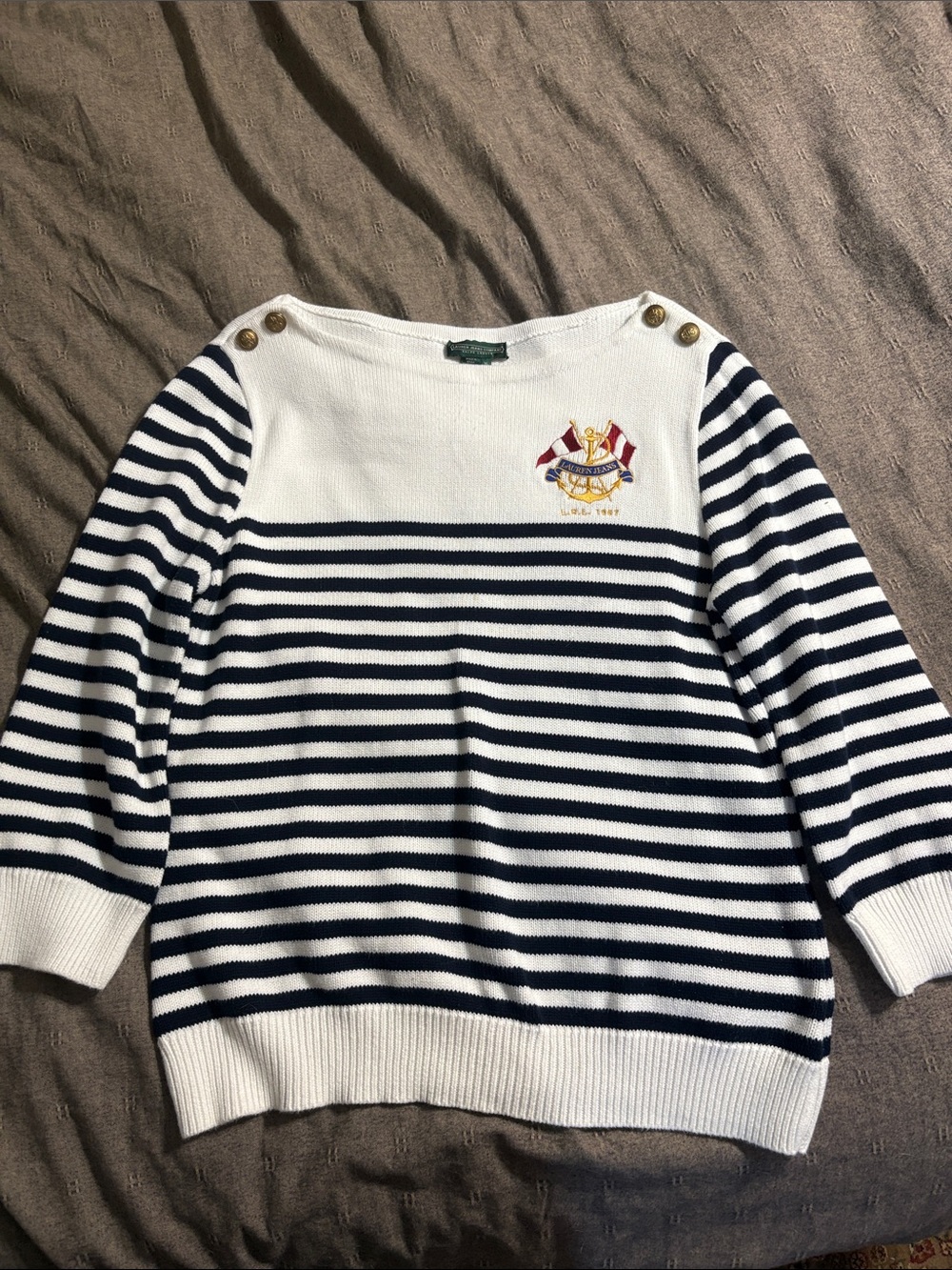 Ralph Lauren Navy and White Striped Boatneck Sweater with Crest